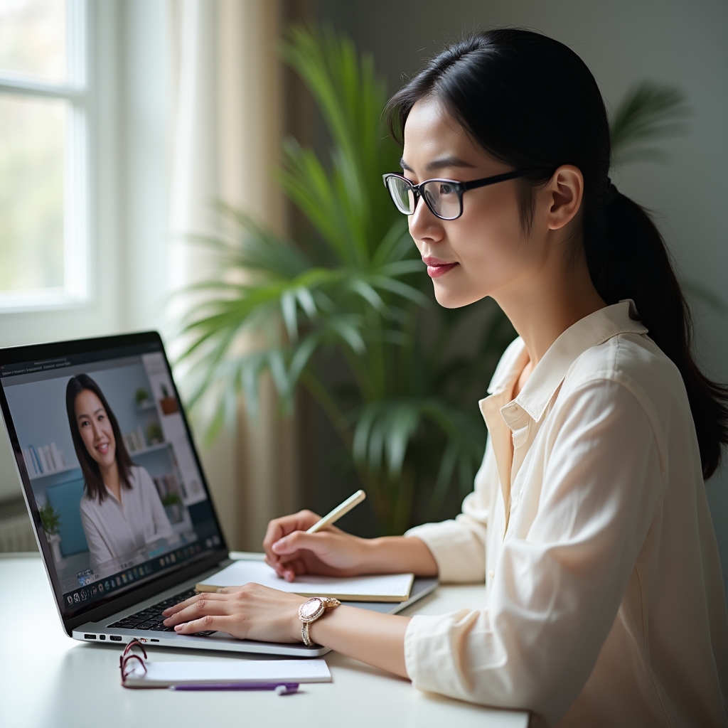 Účastnice webináře si dělá poznámky u notebooku během online setkání